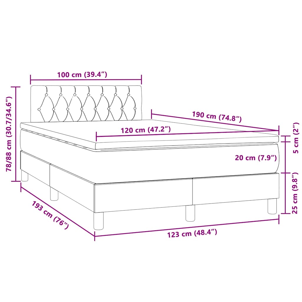 vidaXL Κρεβάτι Boxspring με Στρώμα & LED Σκ.Γκρι 120x190εκ. Βελούδινο