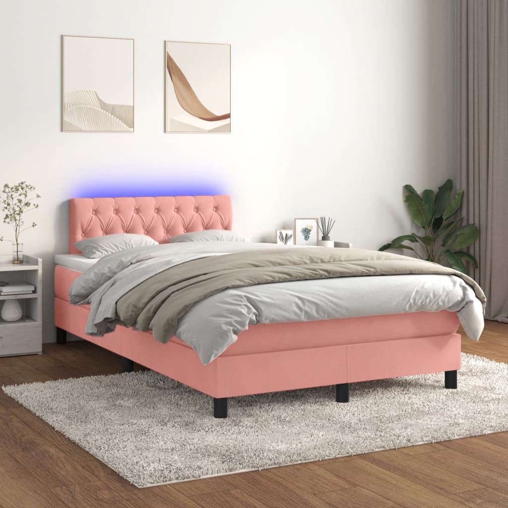 vidaXL Κρεβάτι Boxspring με Στρώμα & LED Ροζ 120x190 εκ. Βελούδινο
