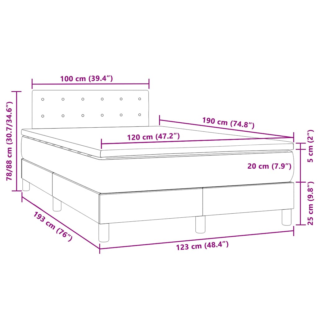 vidaXL Κρεβάτι Boxspring με Στρώμα & LED Αν.Γκρι 120x190εκ. Βελούδινο