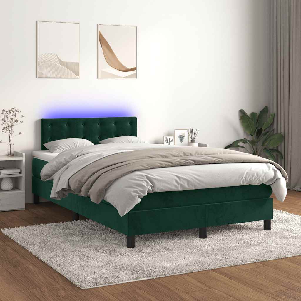 vidaXL Κρεβάτι Boxspring με Στρώμα & LED Σκ. Πράσινο 120x190εκ Βελούδο