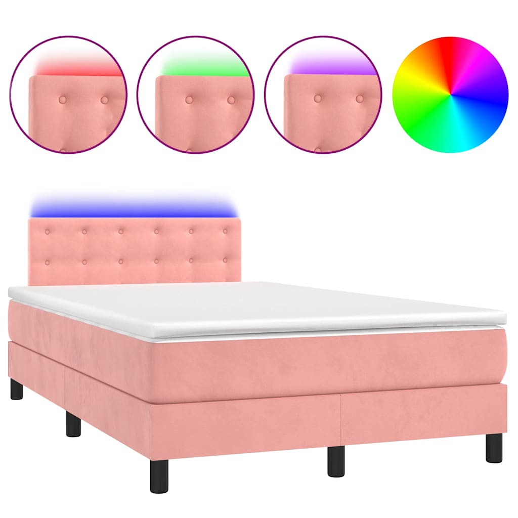 vidaXL Κρεβάτι Boxspring με Στρώμα & LED Ροζ 120x190 εκ. Βελούδινο