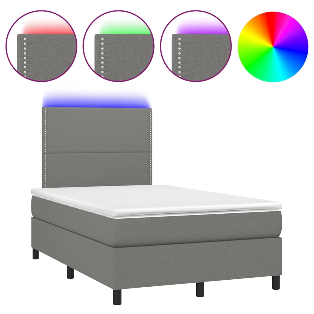 vidaXL Κρεβάτι Boxspring με Στρώμα & LED Σκ.Γκρι 120x190εκ. Υφασμάτινο