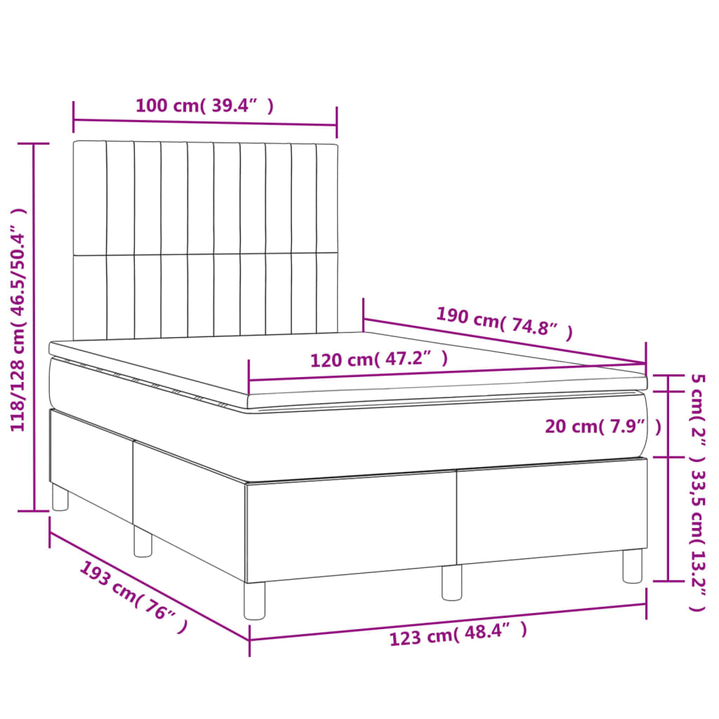 vidaXL Κρεβάτι Boxspring με Στρώμα & LED Κρεμ 120x190 εκ. Υφασμάτινο