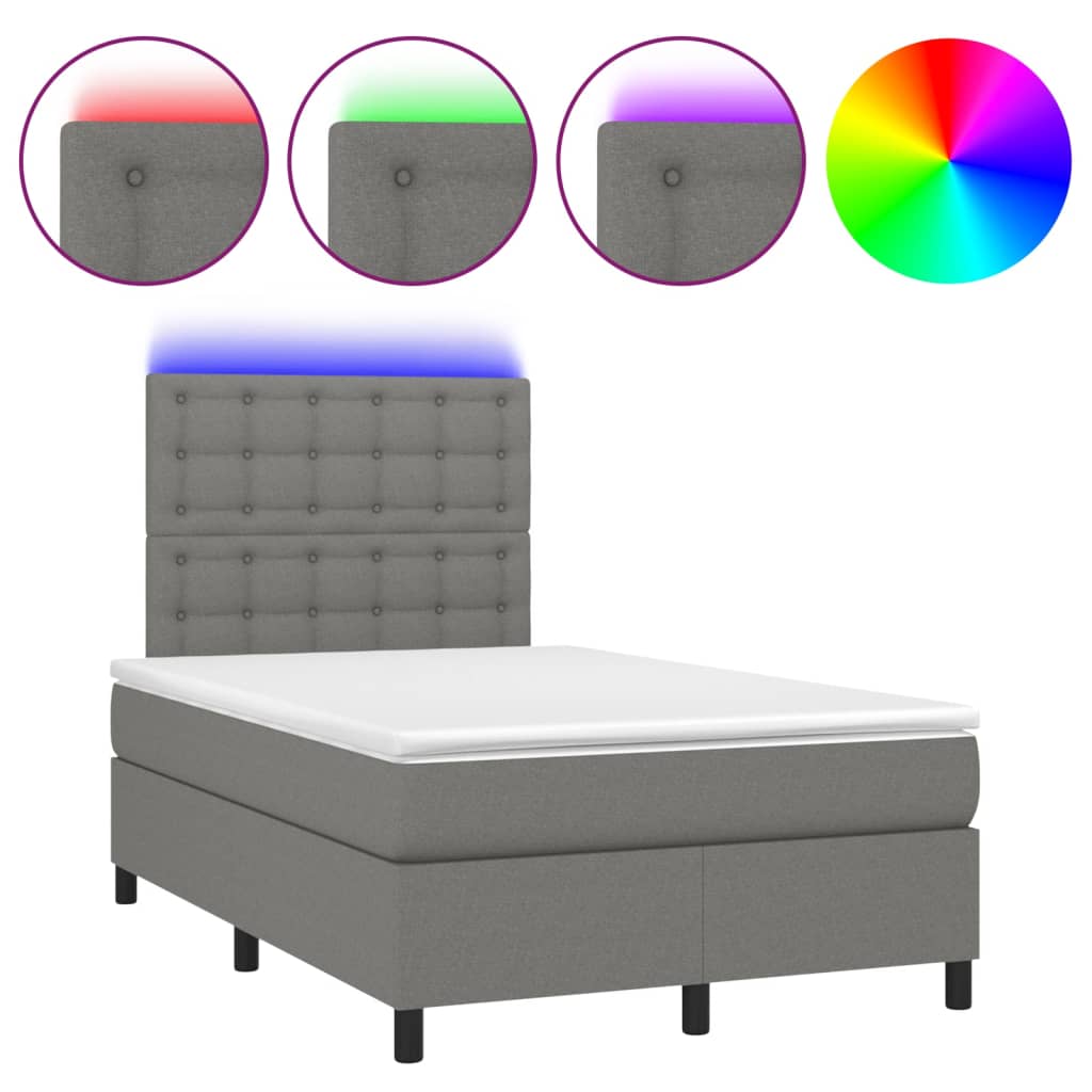 vidaXL Κρεβάτι Boxspring με Στρώμα & LED Σκ.Γκρι 120x190εκ. Υφασμάτινο