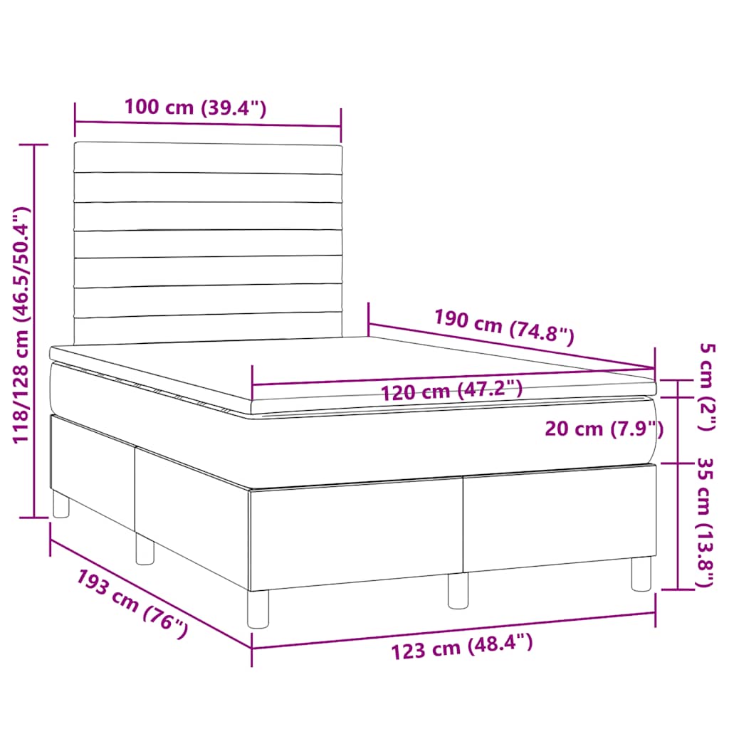 vidaXL Κρεβάτι Boxspring με Στρώμα & LED Μπλε 120x190εκ. Υφασμάτινο