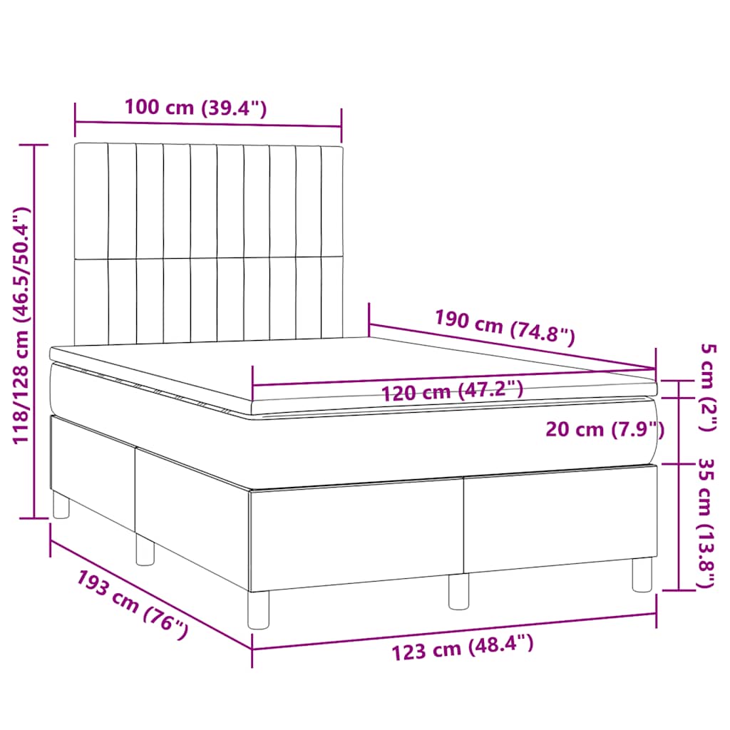 vidaXL Κρεβάτι Boxspring με Στρώμα & LED Σκ.Καφέ 120x190εκ. Υφασμάτινο