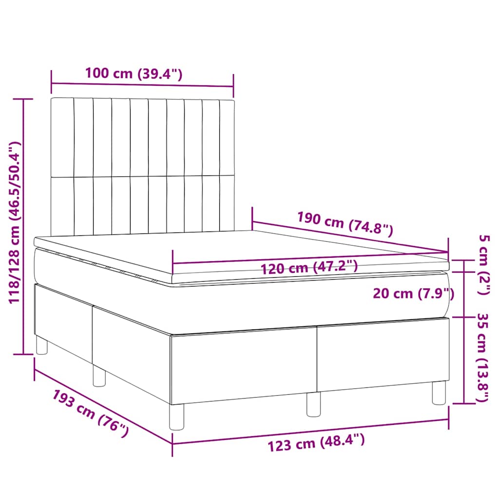 vidaXL Κρεβάτι Boxspring με Στρώμα & LED Μπλε 120x190εκ. Υφασμάτινο
