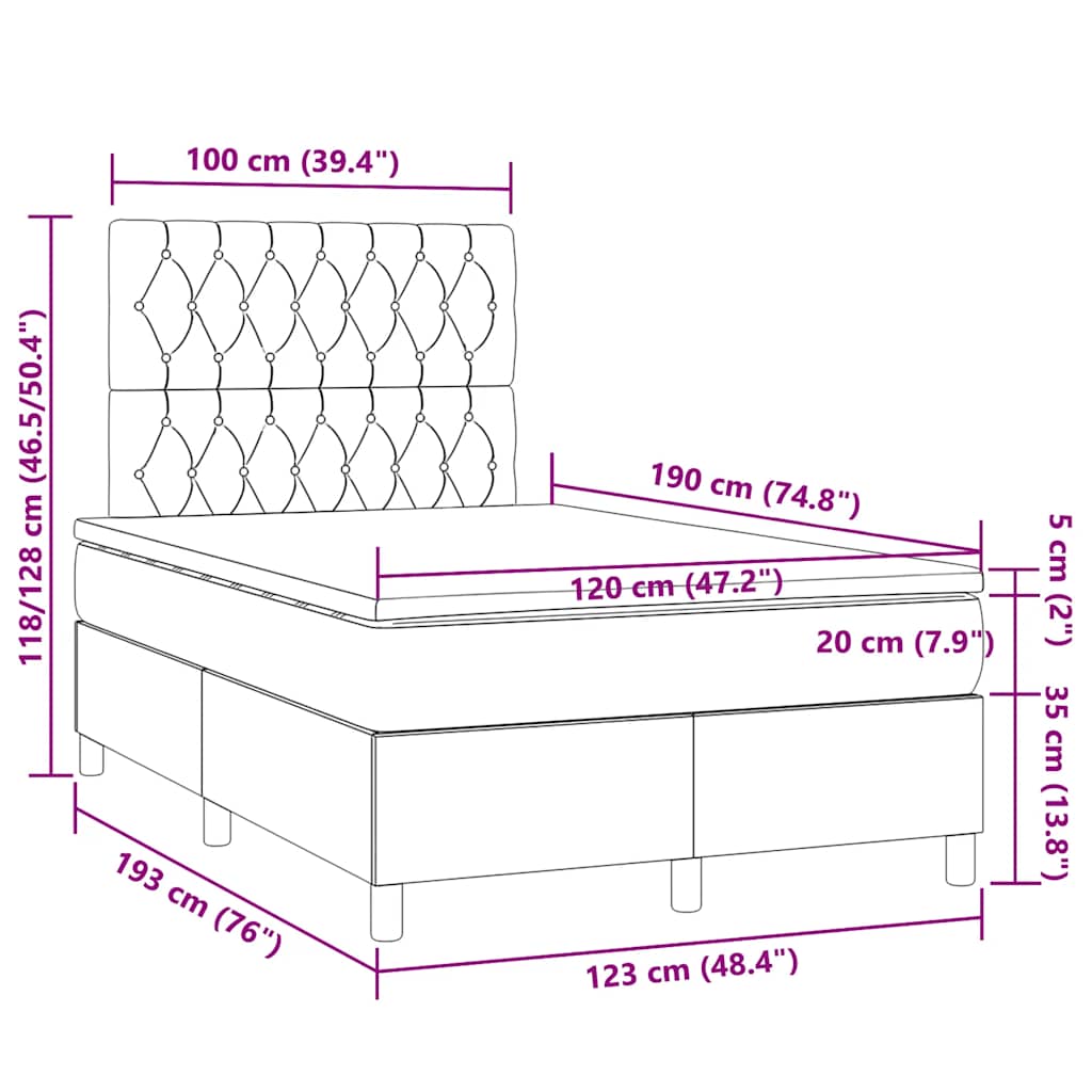 vidaXL Κρεβάτι Boxspring με Στρώμα & LED Μπλε 120x190εκ. Υφασμάτινο
