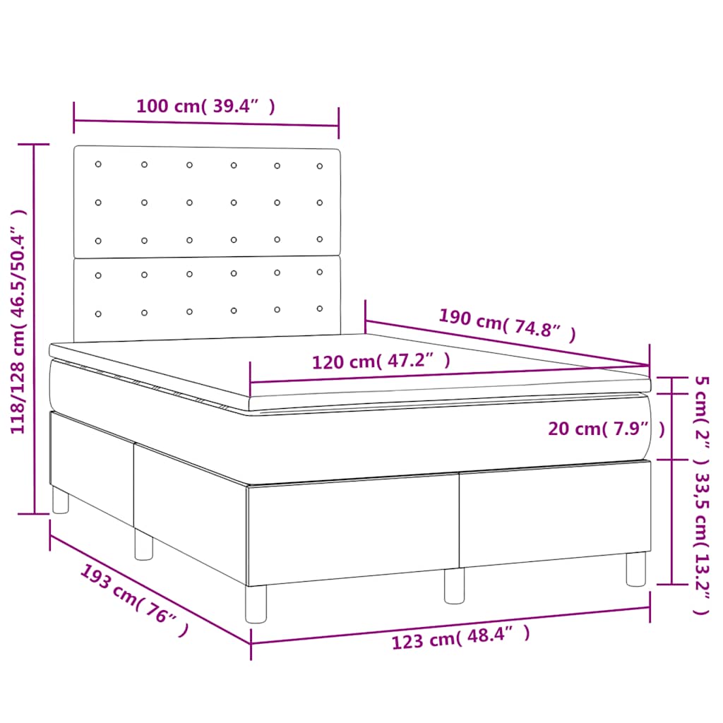 vidaXL Κρεβάτι Boxspring με Στρώμα & LED Κρεμ 120x190 εκ. Υφασμάτινο