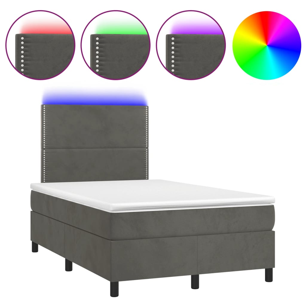 vidaXL Κρεβάτι Boxspring με Στρώμα & LED Σκ.Γκρι 120x190εκ. Βελούδινο