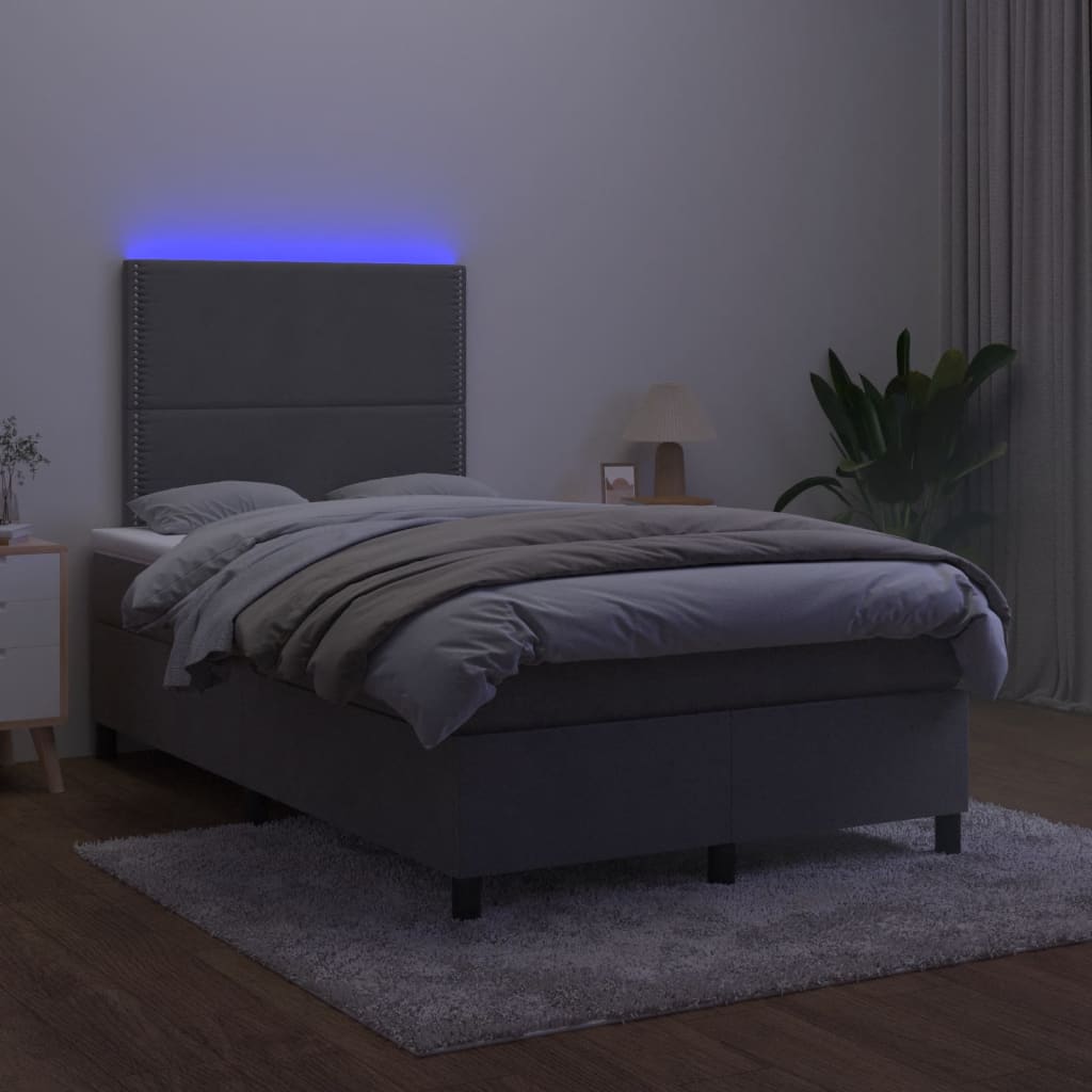 vidaXL Κρεβάτι Boxspring με Στρώμα & LED Σκ.Γκρι 120x190εκ. Βελούδινο