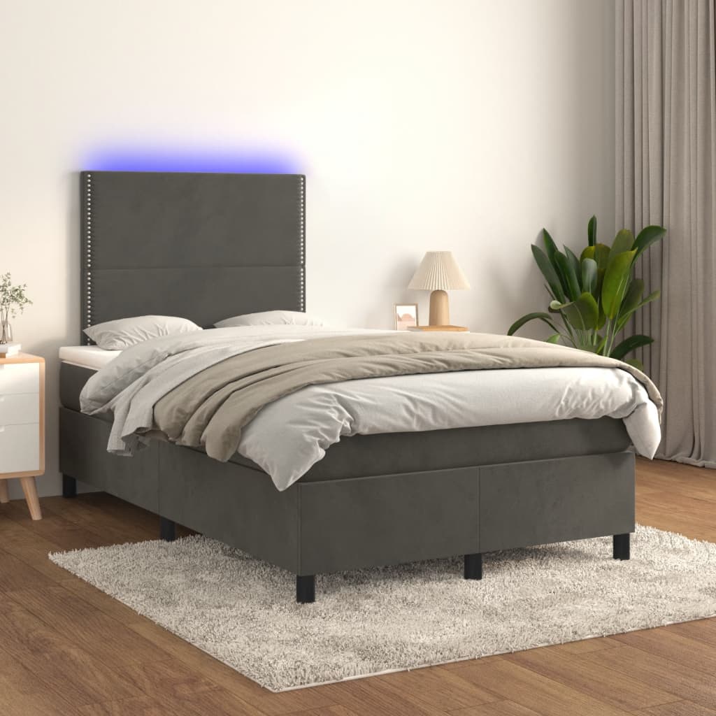 vidaXL Κρεβάτι Boxspring με Στρώμα & LED Σκ.Γκρι 120x190εκ. Βελούδινο