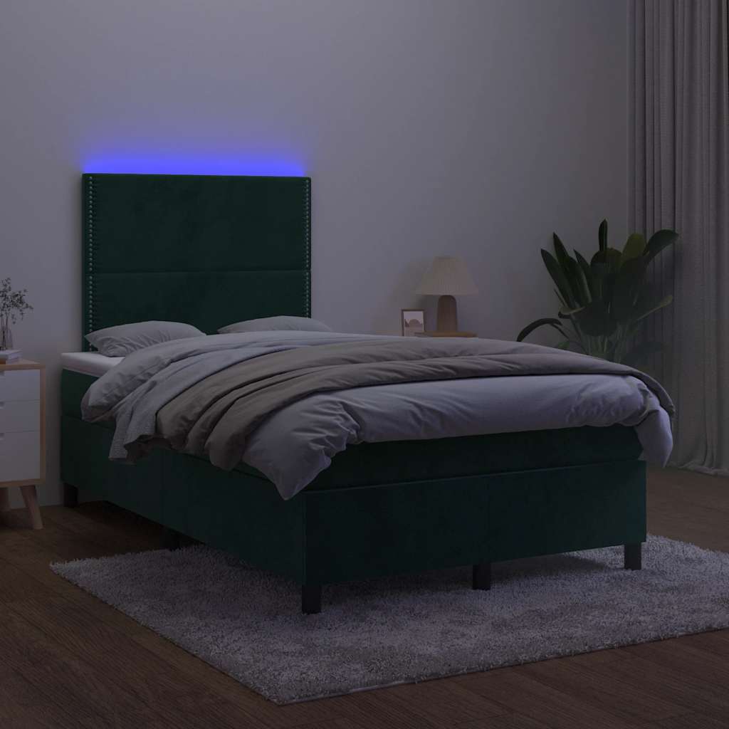 vidaXL Κρεβάτι Boxspring με Στρώμα & LED Σκ. Πράσινο 120x190εκ Βελούδο