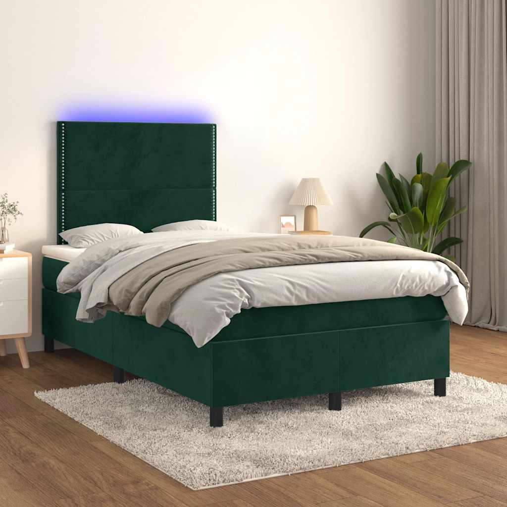 vidaXL Κρεβάτι Boxspring με Στρώμα & LED Σκ. Πράσινο 120x190εκ Βελούδο
