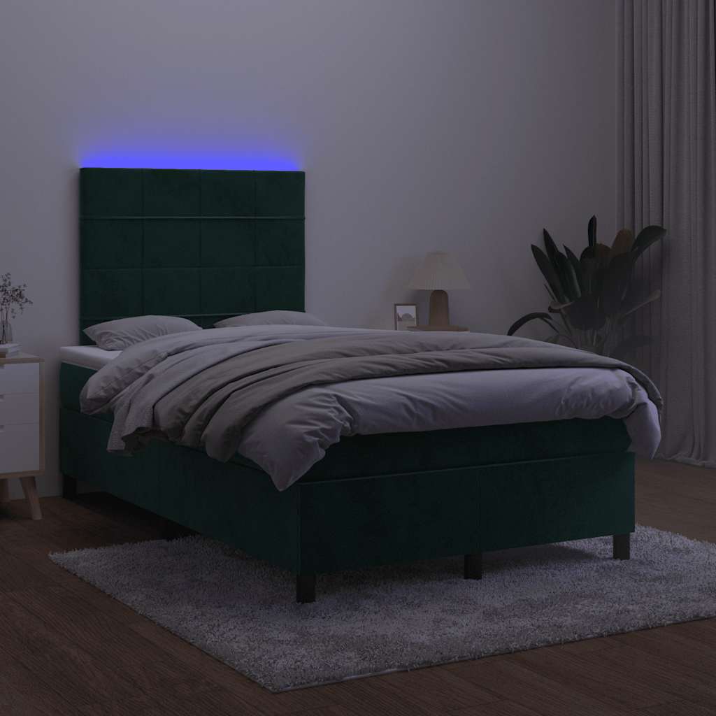 vidaXL Κρεβάτι Boxspring με Στρώμα & LED Σκ. Πράσινο 120x190εκ Βελούδο