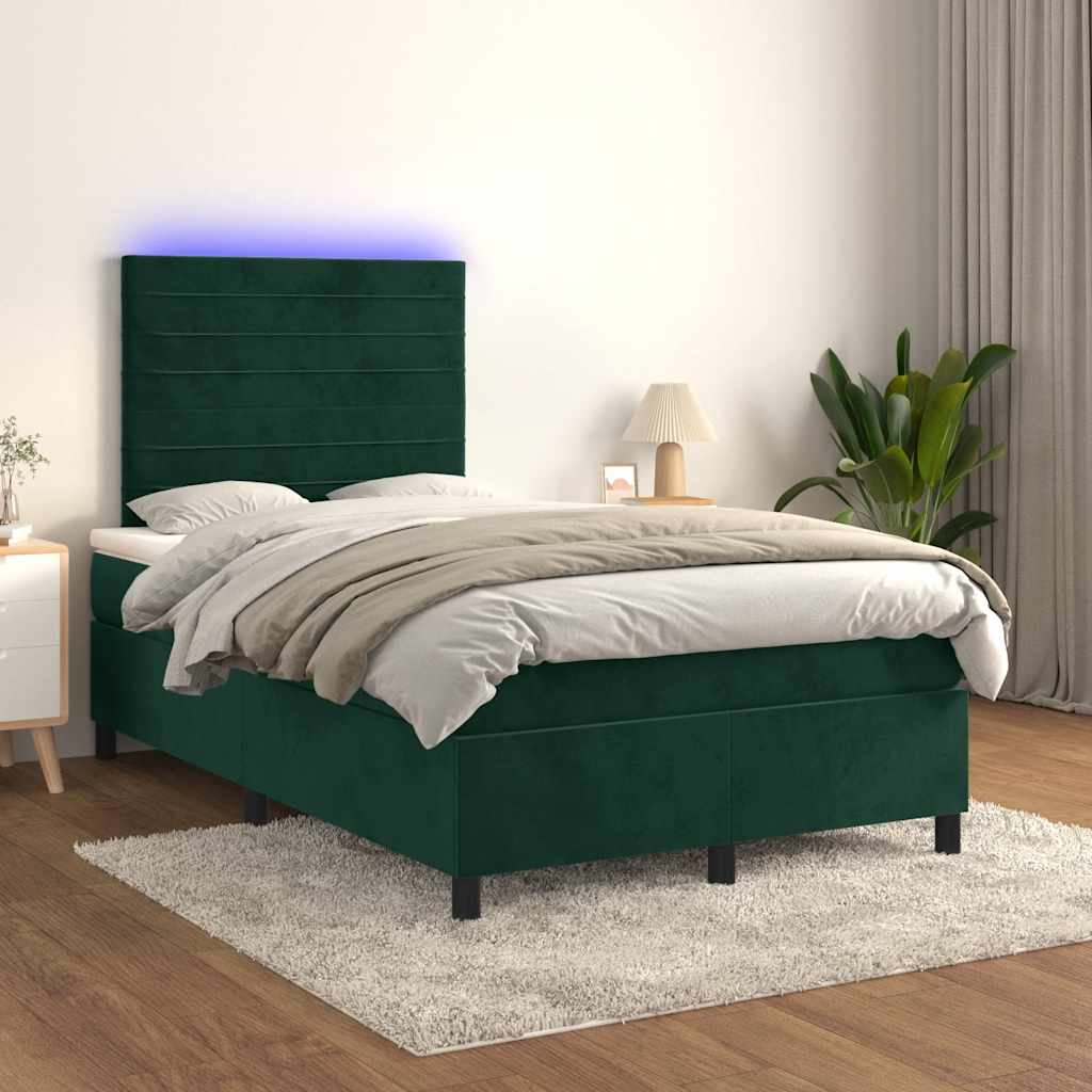 vidaXL Κρεβάτι Boxspring με Στρώμα & LED Σκ. Πράσινο 120x190εκ Βελούδο