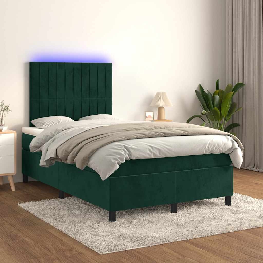 vidaXL Κρεβάτι Boxspring με Στρώμα & LED Σκ. Πράσινο 120x190εκ Βελούδο