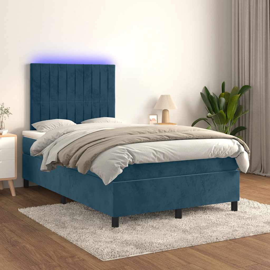 vidaXL Κρεβάτι Boxspring με Στρώμα & LED Σκ. Μπλε 120x190εκ. Βελούδινο