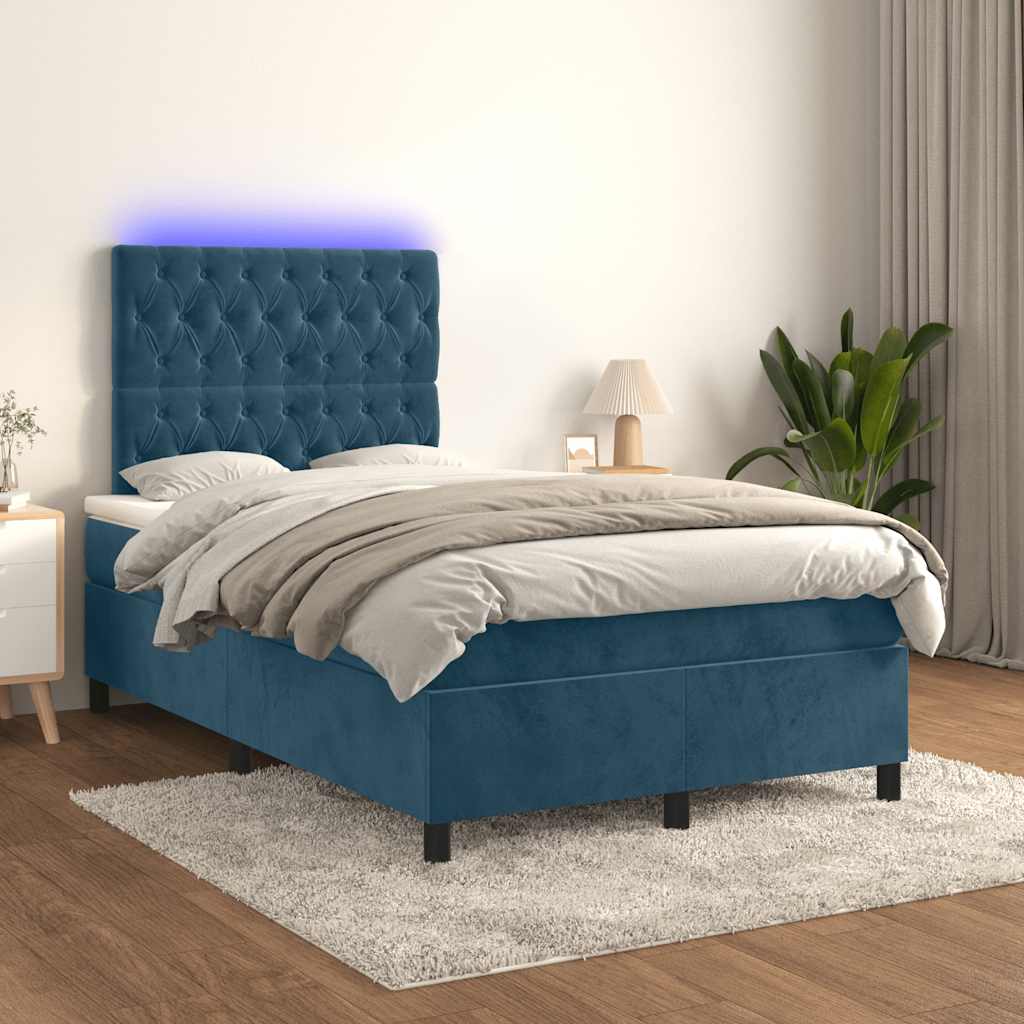 vidaXL Κρεβάτι Boxspring με Στρώμα & LED Σκ. Μπλε 120x190εκ. Βελούδινο