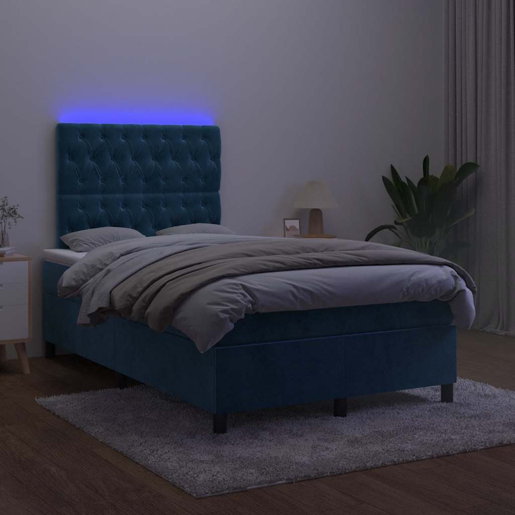 vidaXL Κρεβάτι Boxspring με Στρώμα & LED Σκ. Μπλε 120x190εκ. Βελούδινο