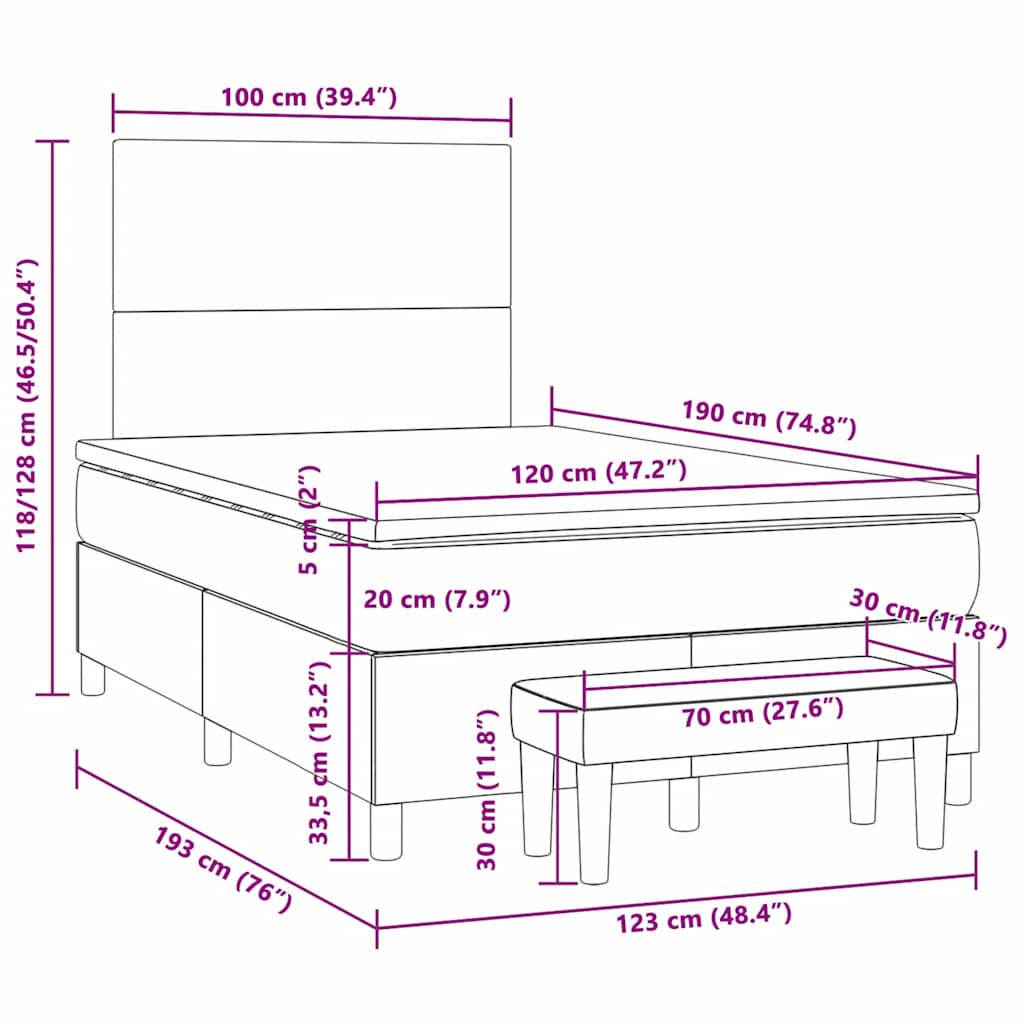 vidaXL Κρεβάτι Boxspring με Στρώμα Σκούρο Γκρι 120x190 εκ Υφασμάτινο
