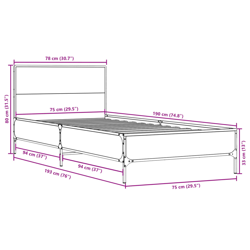 vidaXL Πλαίσιο Κρεβατιού Γκρι Sonoma 75x190 εκ. Επεξ. Ξύλο & Μέταλλο
