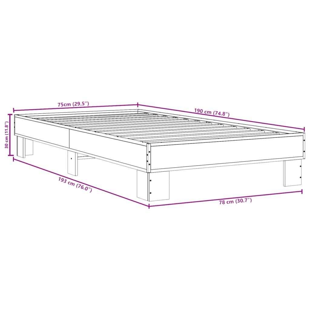 vidaXL Πλαίσιο Κρεβατιού Sonoma Δρυς 75 x 190 εκ. Επεξ. Ξύλο & Μέταλλο