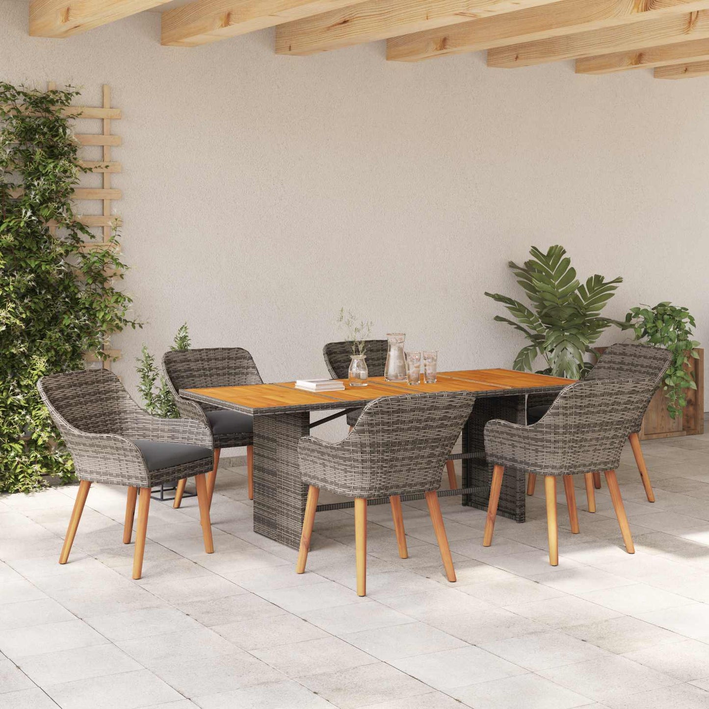 vidaXL Σέτ φαγητού για κήπο με μαξιλάρι 7 pcs Γκρι συνθετικό ρατάν