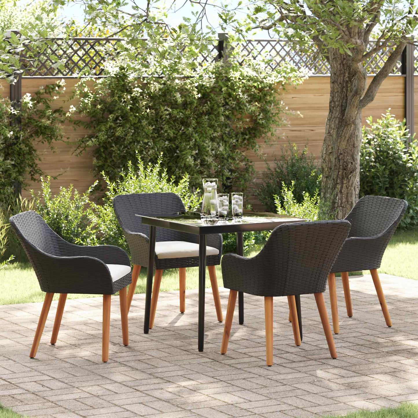 vidaXL Σέτ φαγητού για κήπο με μαξιλάρι 5 pcs Μαύρο συνθετικό ρατάν