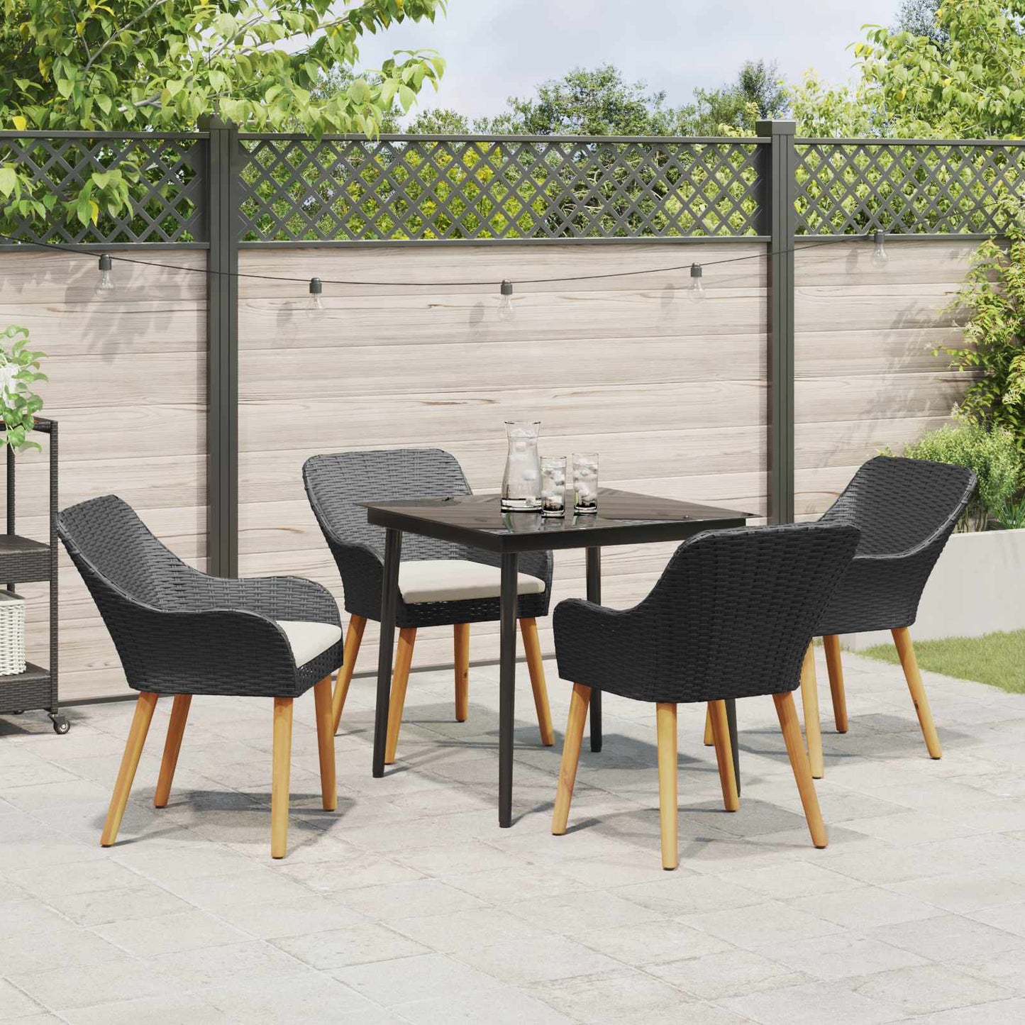 vidaXL Σέτ φαγητού για κήπο με μαξιλάρι 5 pcs Μαύρο συνθετικό ρατάν