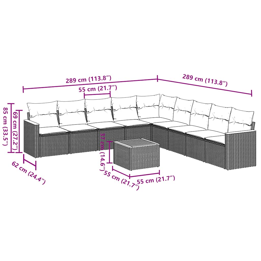 vidaXL Σαλόνι Κήπου Σετ 10 Τεμαχίων Μαύρο Συνθετικό Ρατάν με Μαξιλάρια