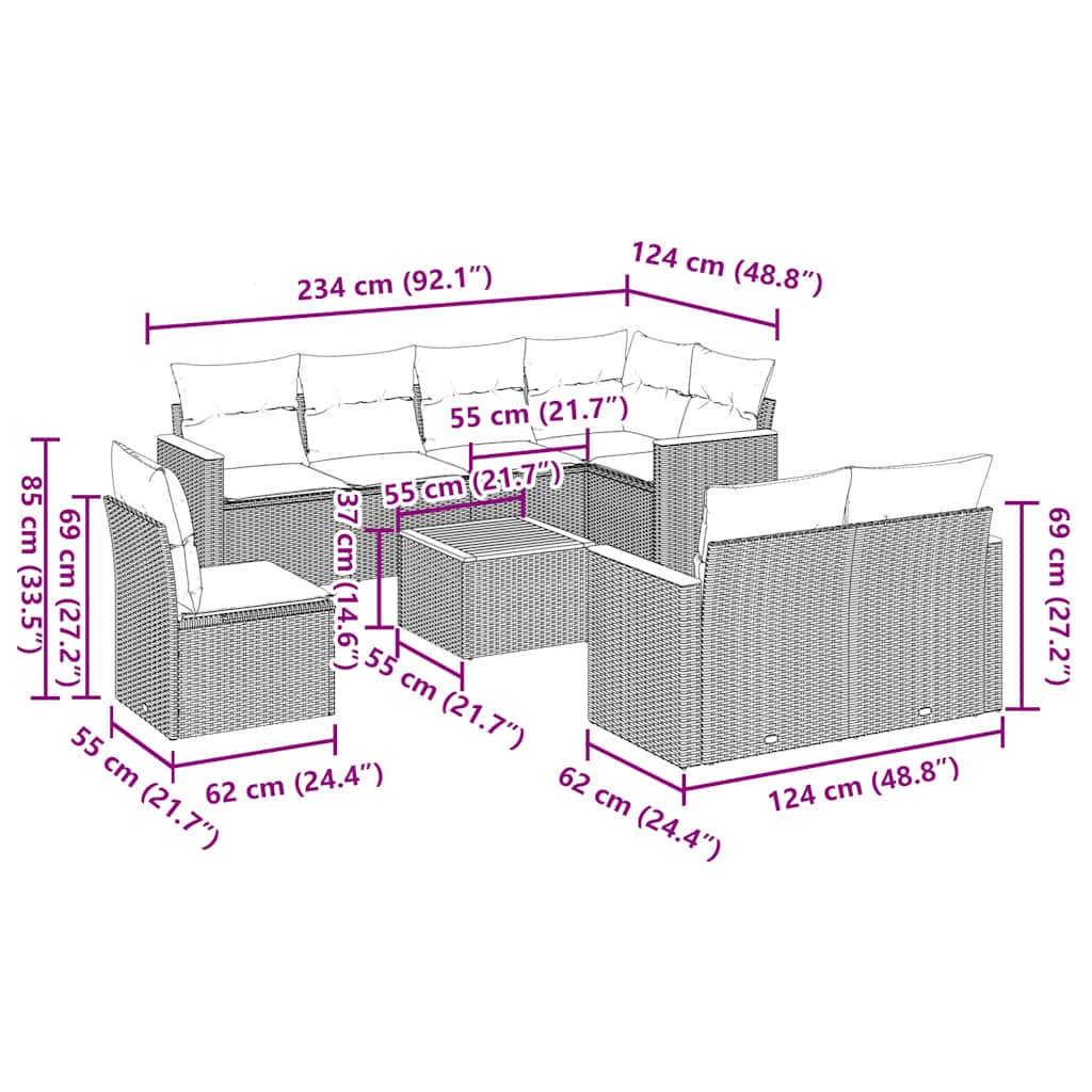 vidaXL Σαλόνι Κήπου Σετ 9 Τεμαχίων Μαύρο από Συνθ. Ρατάν με Μαξιλάρια