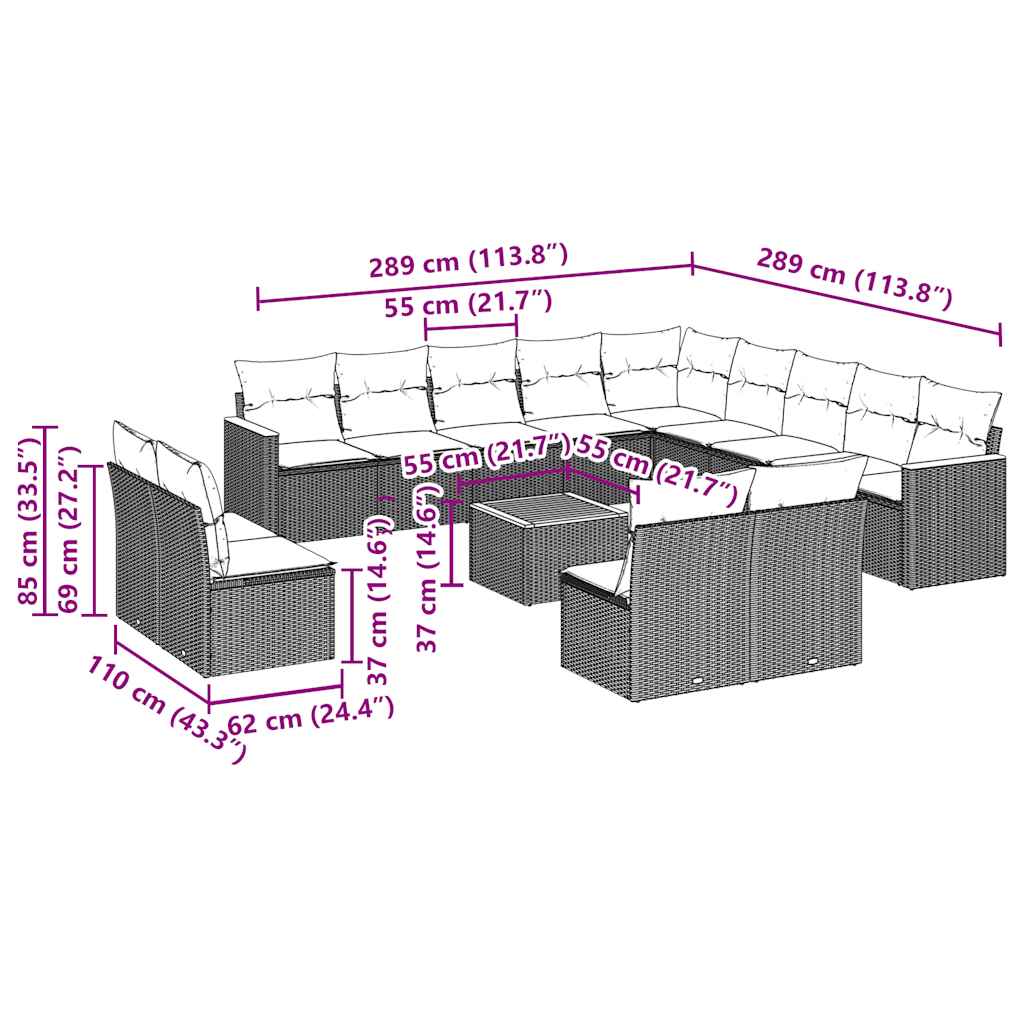 vidaXL Σαλόνι Κήπου Σετ 14 Τεμαχίων με Μαξιλάρια Μαύρο Συνθετικό Ρατάν