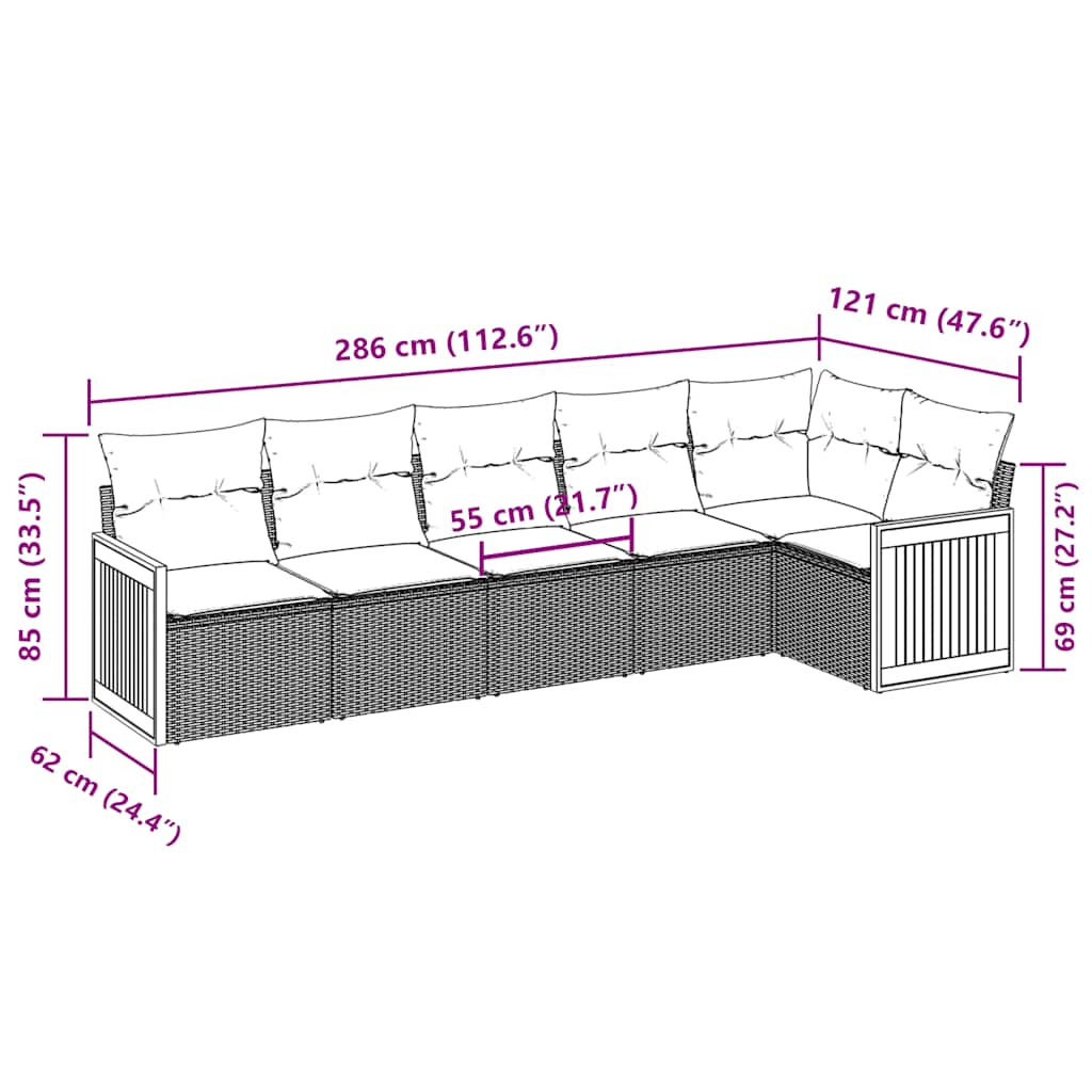 vidaXL Καναπές Κήπου 6 Τεμαχίων Μαύρο από Συνθετικό Ρατάν με Μαξιλάρια