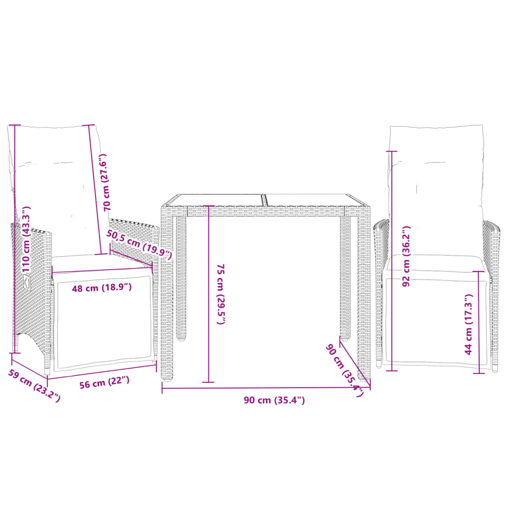 vidaXL Σετ Επίπλων Bistro 3 τεμ. Μαύρο Συνθετ. Ρατάν με Μαξιλάρια