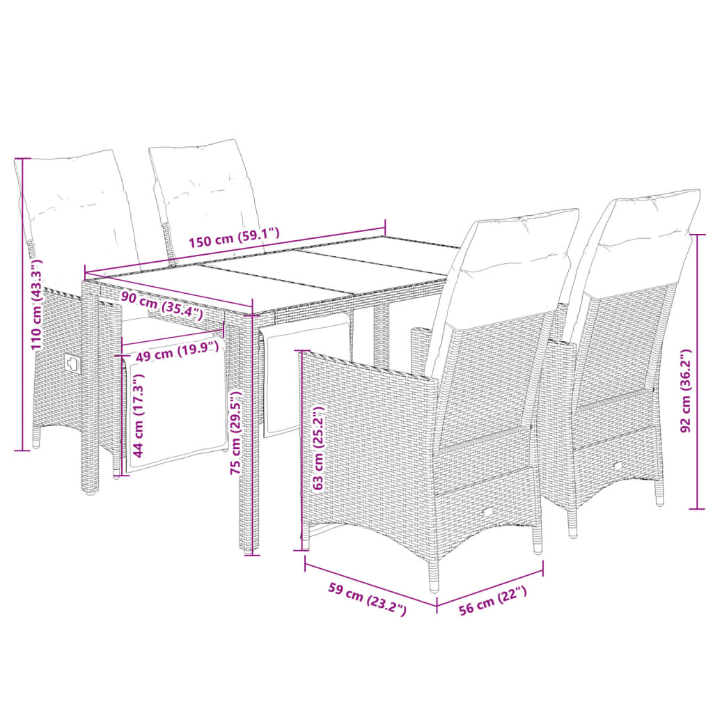 vidaXL Σετ Επίπλων Bistro Κήπου 5 τεμ. Γκρι Συνθετ. Ρατάν με Μαξιλάρια