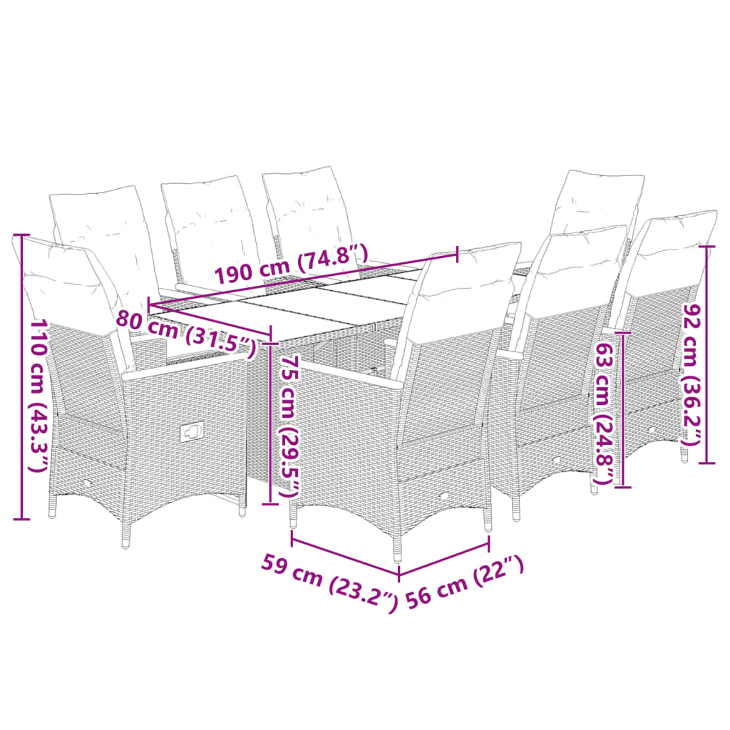 vidaXL Σετ Επίπλων Bistro Κήπου 9 τεμ. Γκρι Συνθετ. Ρατάν με Μαξιλάρια