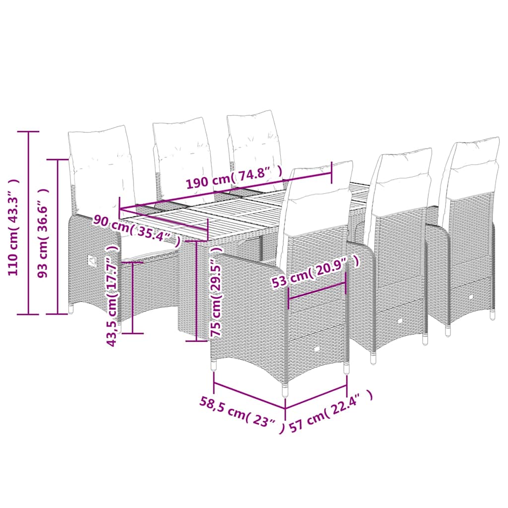 vidaXL Σετ Επίπλων Bistro Κήπου 7 τεμ Μαύρο Συνθετ. Ρατάν με Μαξιλάρια