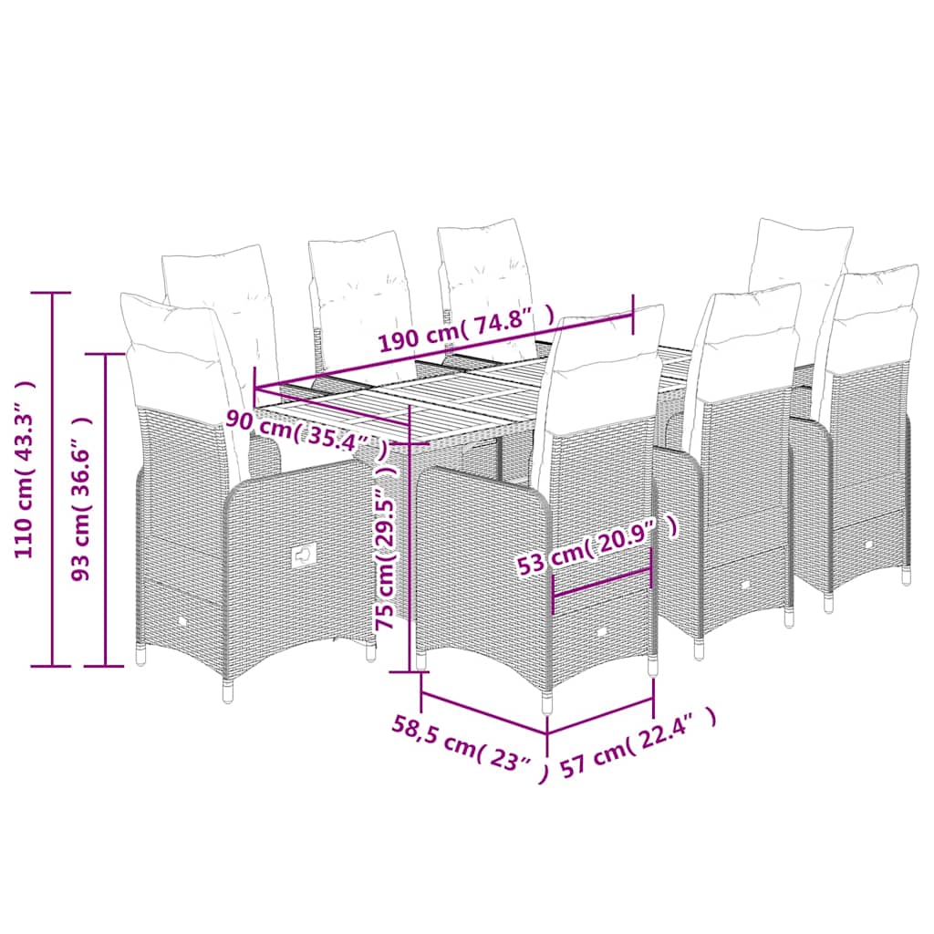 vidaXL Σετ Επίπλων Bistro Κήπου 9 τεμ Μαύρο Συνθετ. Ρατάν με Μαξιλάρια