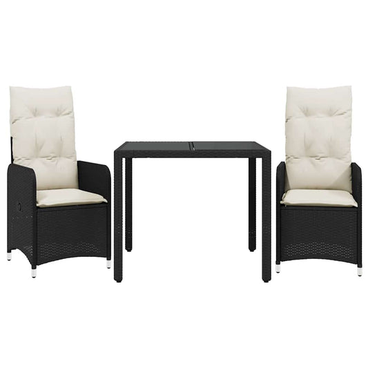vidaXL Σετ Επίπλων Bistro Κήπου 3 τεμ Μαύρο Συνθετ. Ρατάν με Μαξιλάρια