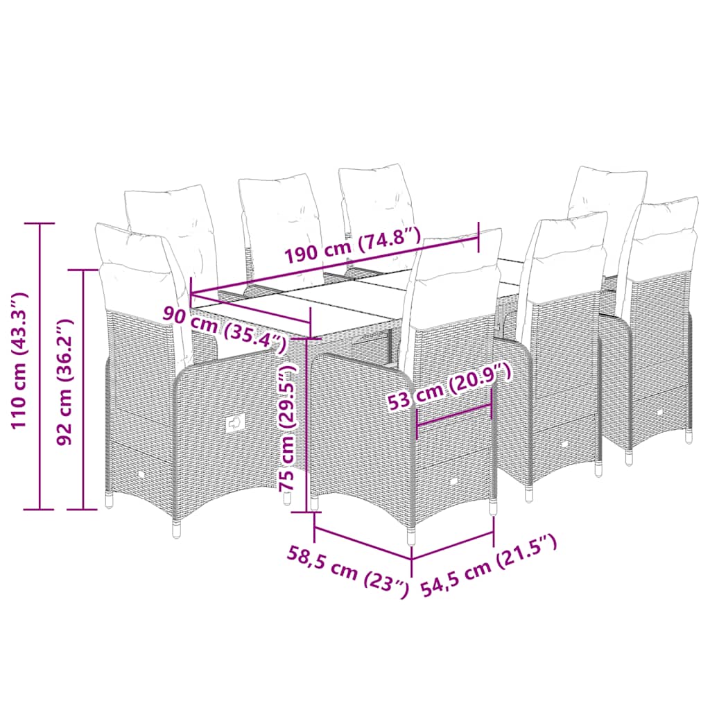 vidaXL Σετ Επίπλων Bistro Κήπου 9 τεμ Μαύρο Συνθετ. Ρατάν με Μαξιλάρια