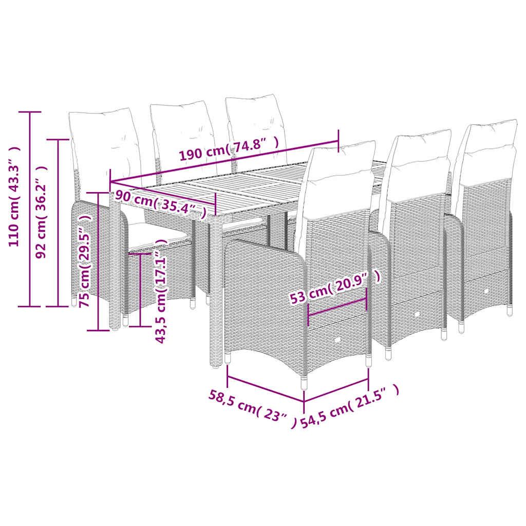 vidaXL Σετ Επίπλων Bistro Κήπου 7 τεμ. Γκρι Συνθετ. Ρατάν με Μαξιλάρια
