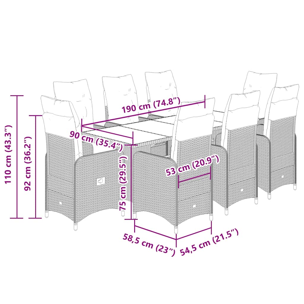 vidaXL Σετ Επίπλων Bistro Κήπου 9 τεμ. Γκρι Συνθετ. Ρατάν με Μαξιλάρια
