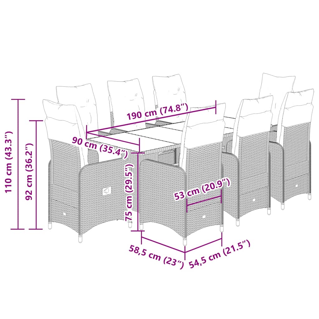 vidaXL Σετ Επίπλων Bistro Κήπου 9 τεμ. Γκρι Συνθετ. Ρατάν με Μαξιλάρια
