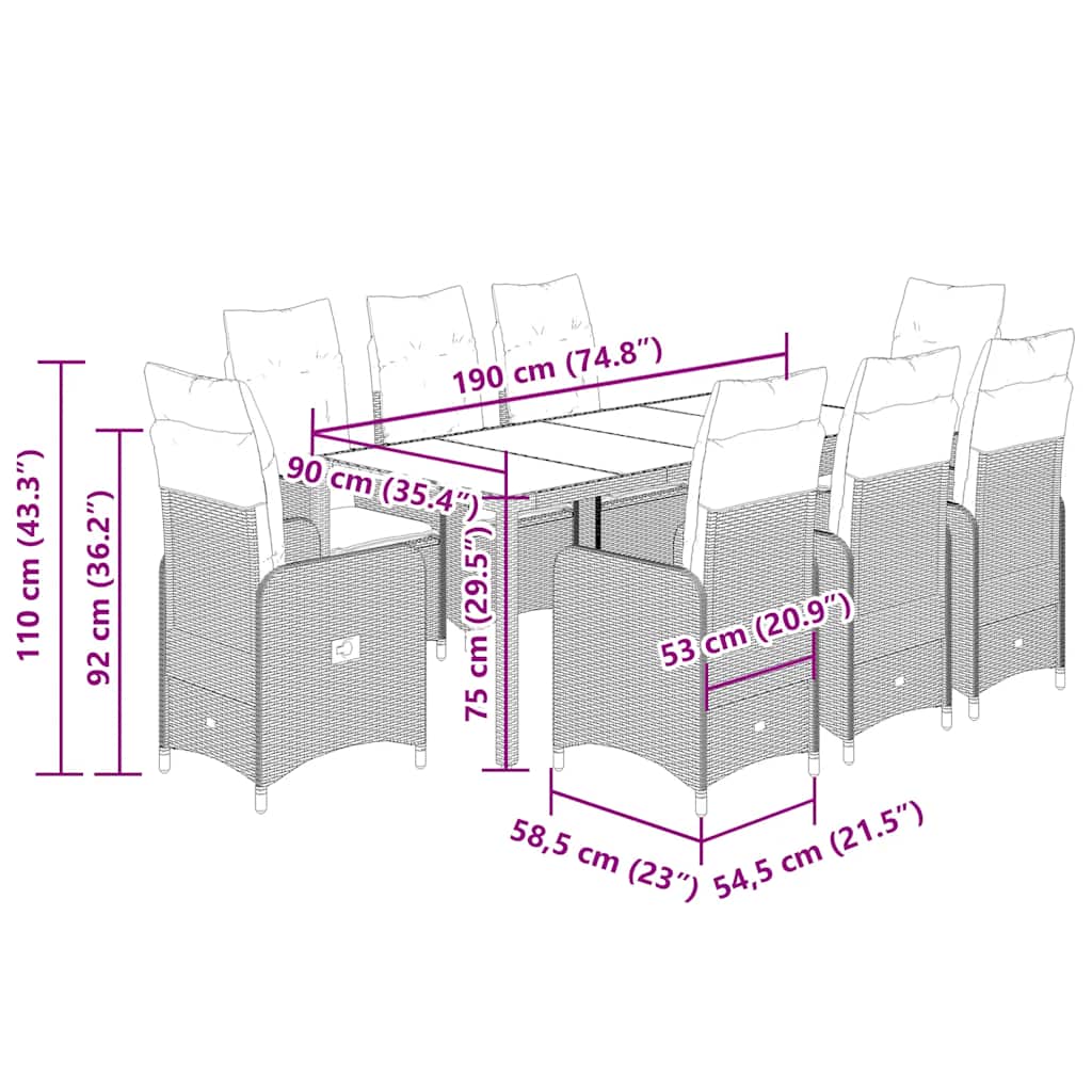 vidaXL Σετ Επίπλων Bistro Κήπου 9 τεμ. Μπεζ Συνθετ. Ρατάν με Μαξιλάρια