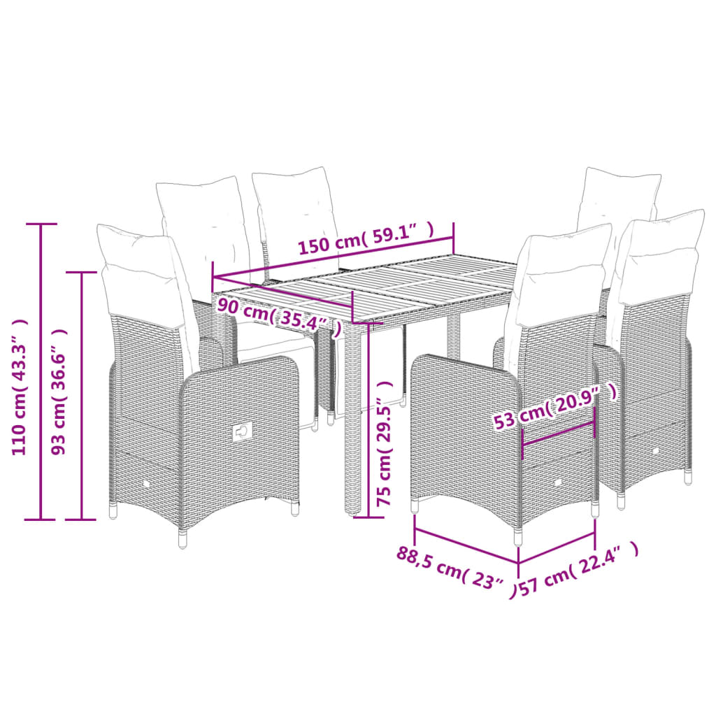 vidaXL Σετ Επίπλων Bistro Κήπου 7 τεμ Μαύρο Συνθετ. Ρατάν με Μαξιλάρια