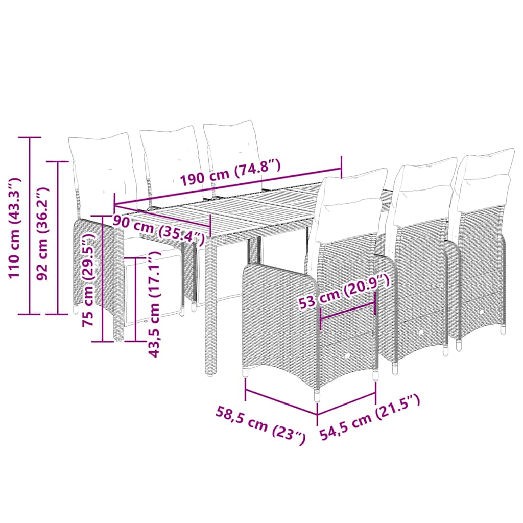 vidaXL Σετ Επίπλων Bistro Κήπου 7 τεμ Μαύρο Συνθετ. Ρατάν με Μαξιλάρια