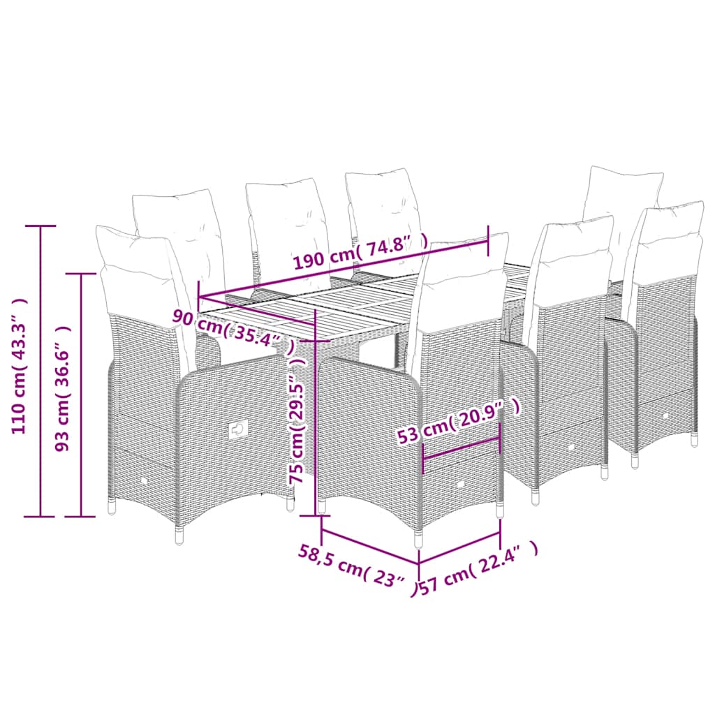 vidaXL Σετ Επίπλων Bistro Κήπου 9 τεμ Μαύρο Συνθετ. Ρατάν με Μαξιλάρια