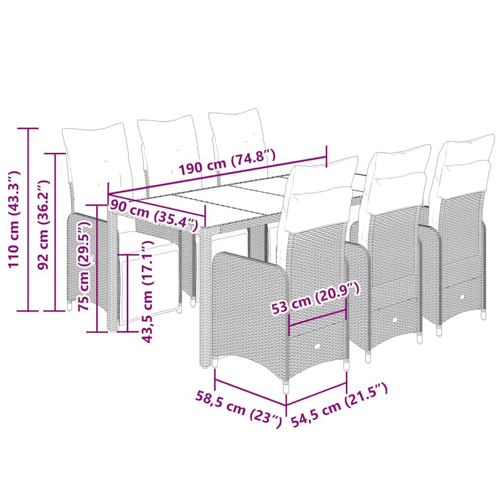 vidaXL Σετ Επίπλων Bistro Κήπου 7 τεμ Μαύρο Συνθετ. Ρατάν με Μαξιλάρια