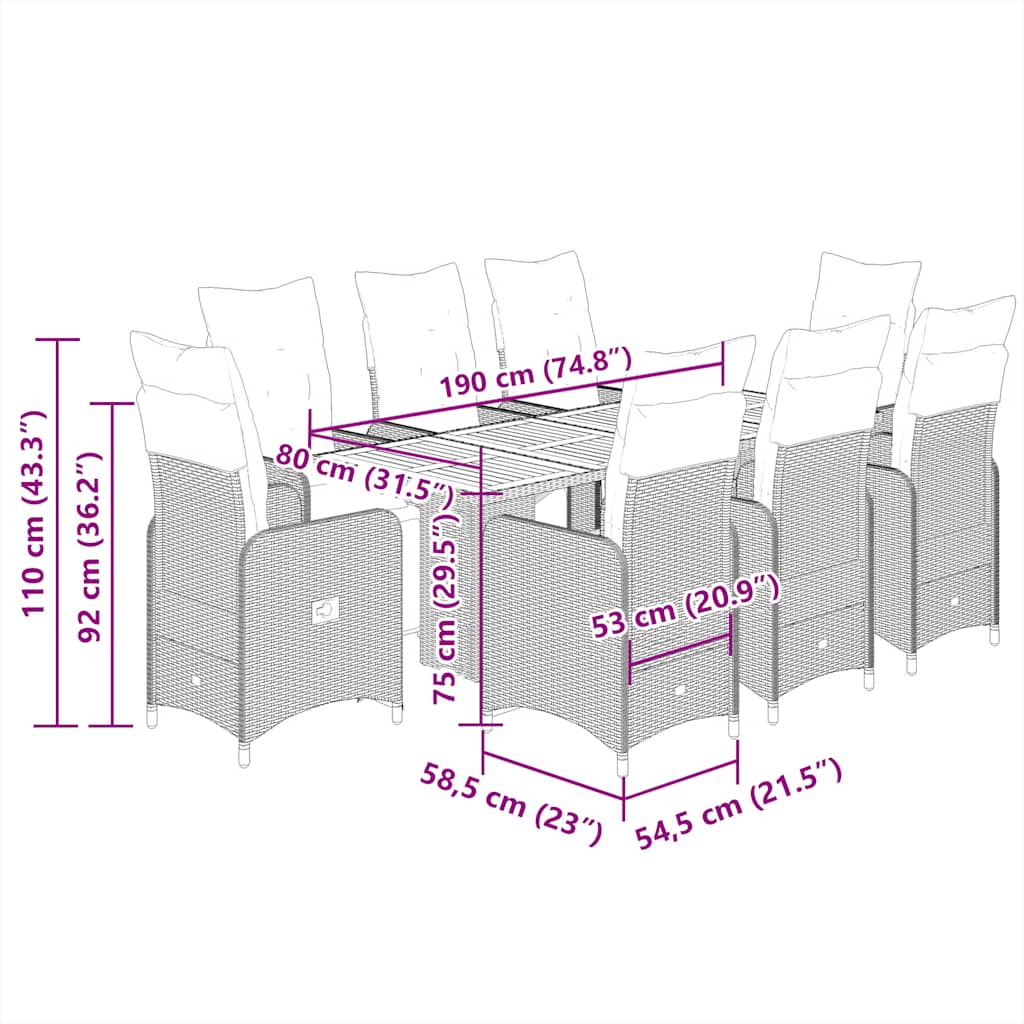 vidaXL Σετ Επίπλων Bistro Κήπου 9 τεμ. Γκρι Συνθετ. Ρατάν με Μαξιλάρια